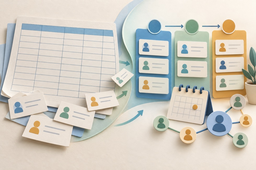 Illustration of a spreadsheet on the left and a CRM pipeline board with contact cards and a calendar on the right