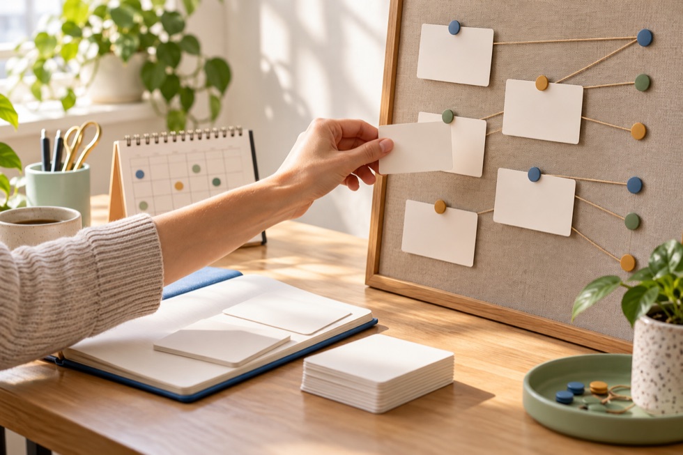 A person arranging cards on a board connected with strings, next to a desk calendar and notebook