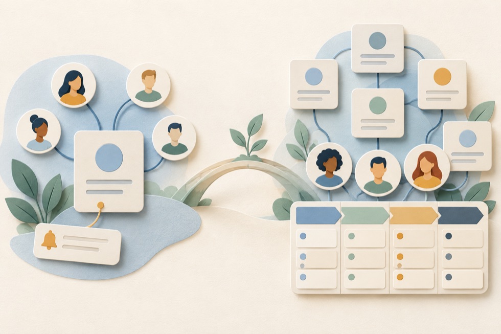 Illustration of a few personal contact cards on the left and a team pipeline board on the right, joined by a bridge