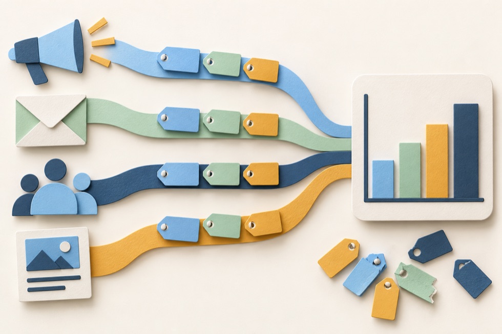 Illustration of campaign sources flowing through tagged links into a bar chart