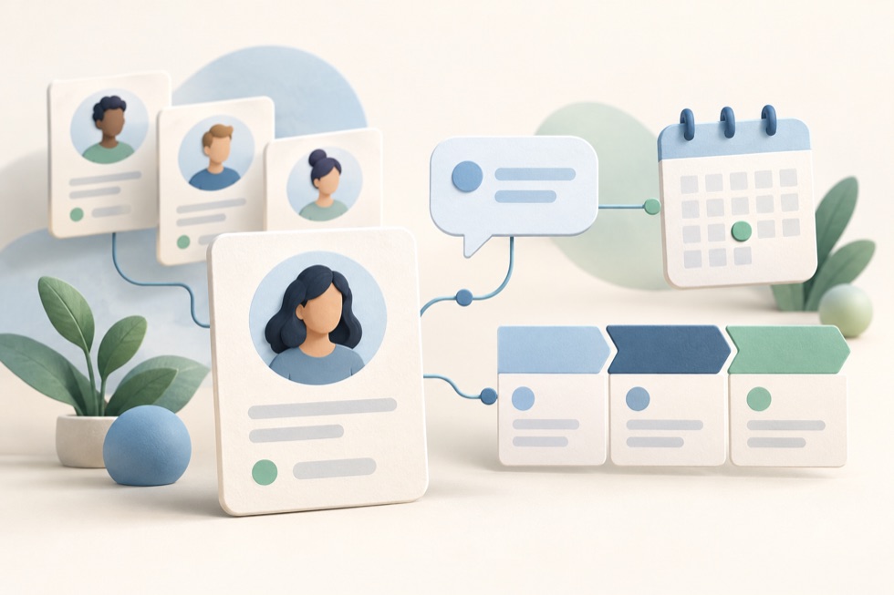 Illustration of contact cards linked to a conversation, a calendar and a sales pipeline